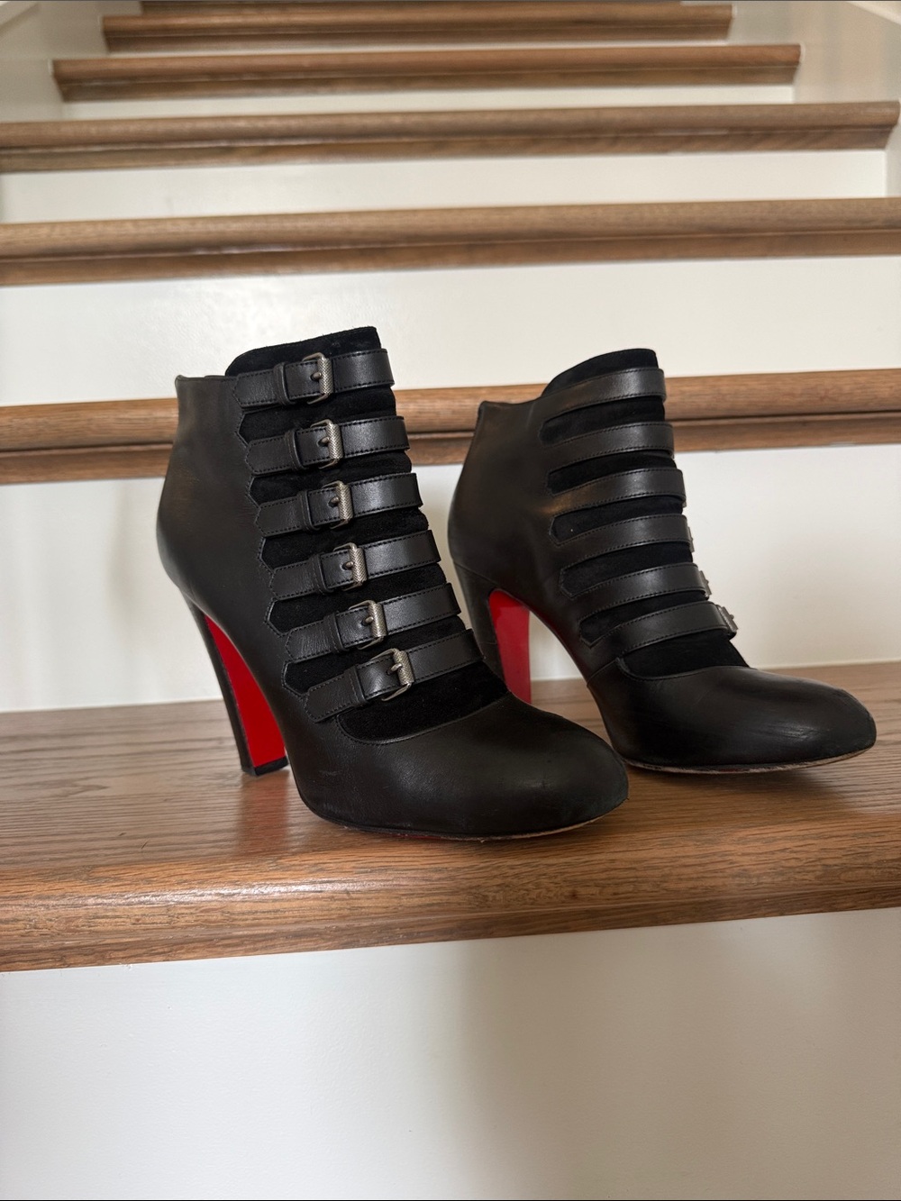 Christian Louboutin Black Strappy Ankle Booties with Red Soles